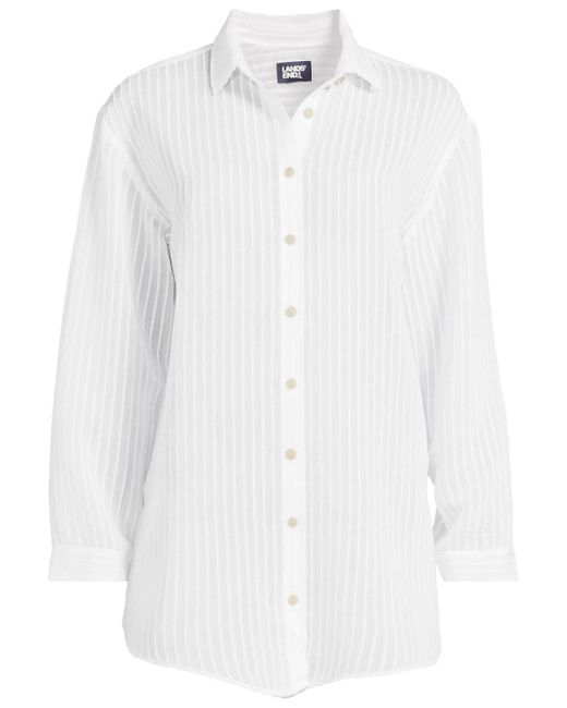 Lands' End White Plus Size Rayon Rib Button Down Cover-up