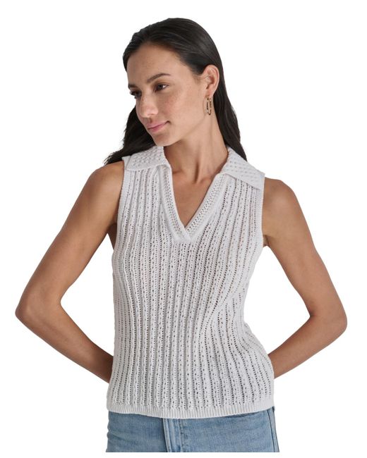 DKNY White Lacey Stitch Collared Sleeveless Sweater