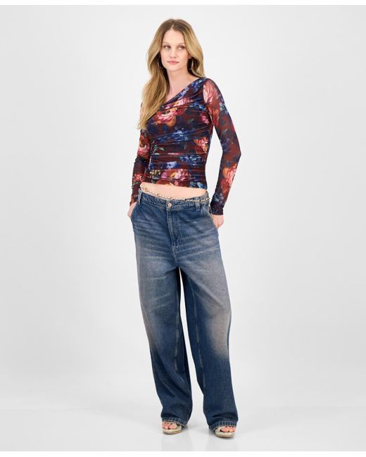 Guess Blue Bernardette Asymmetric Printed Mesh Top