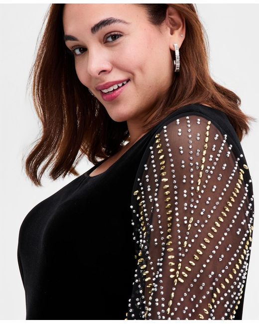 Alex Evenings Women's Black Plus Size Embellished-sleeve Stretch Velvet  Dress