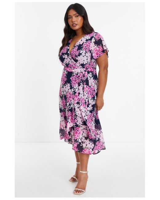 Quiz Purple Plus Size Floral Print Midi Dip Hem Dress