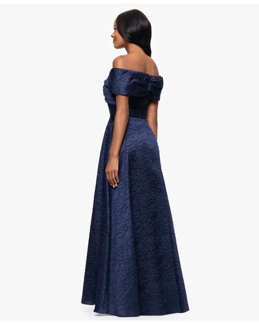 Betsy & Adam Blue Brocade Off-the-shoulder Long A-line Dress