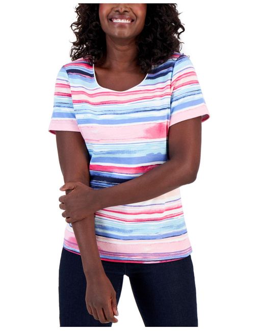 Karen Scott White Wave Striped Printed Knit Top, Created For Macy's