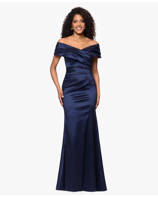 Betsy & Adam Blue Taffeta Off-the-shoulder Dress