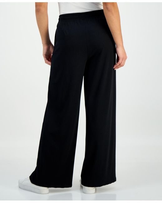 INC International Concepts Black Petite Ribbed Knit High Rise Wide-leg Pants