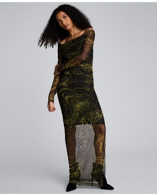 Kenneth Cole Black Long Sleeve Ruched Printed Sheath Dress