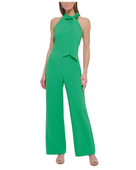 Vince Camuto Green Signature Stretch Crepe Bow-neck Halter Jumpsuit