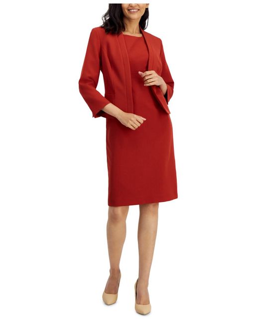 Le Suit Red Crepe Open Front Jacket & Crewneck Sheath Dress Suit