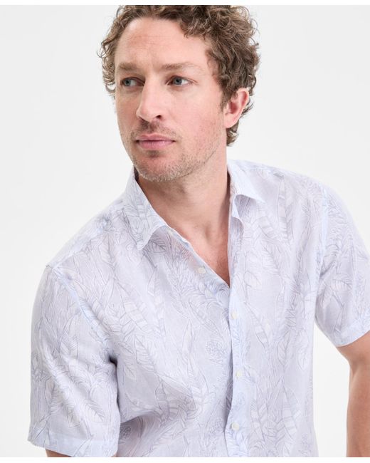 Club Room White Elevated Line Regular-fit Tropical-print Button-down Linen Shirt for men
