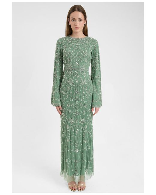 MARYISA Women's Green Modest Embellished Sequin Beaded With Sleeves Design Maxi  Dress