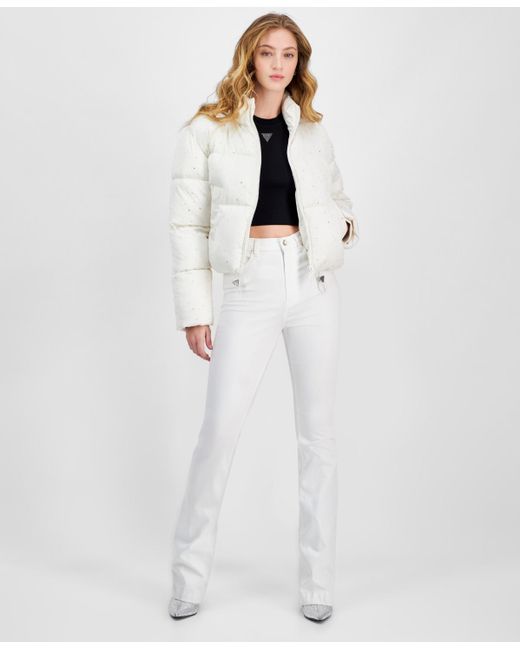 Guess White Antonia Strass Embellished Puffer Coat