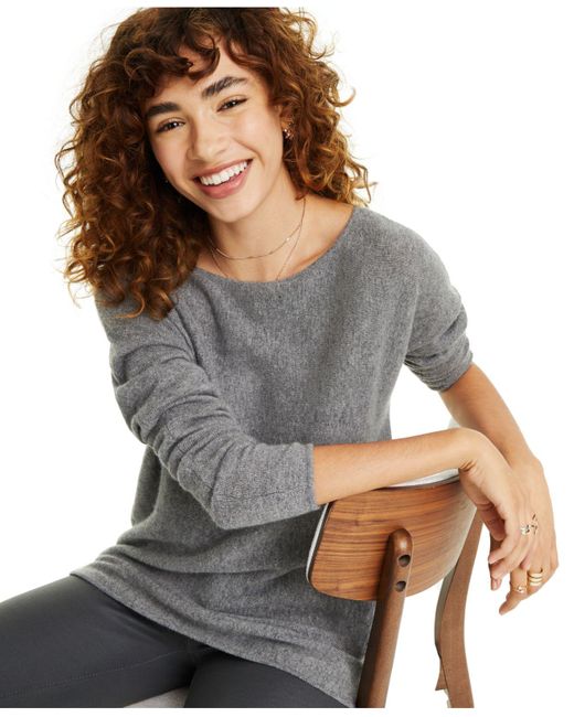 Charter Club Petite Pure Cashmere Longsleeve Shirttail Sweater, Created For Macy's in Mid Grey