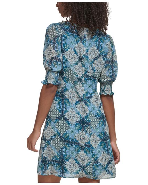 Jessica Howard Blue Printed Elbow-sleeve A-line Dress