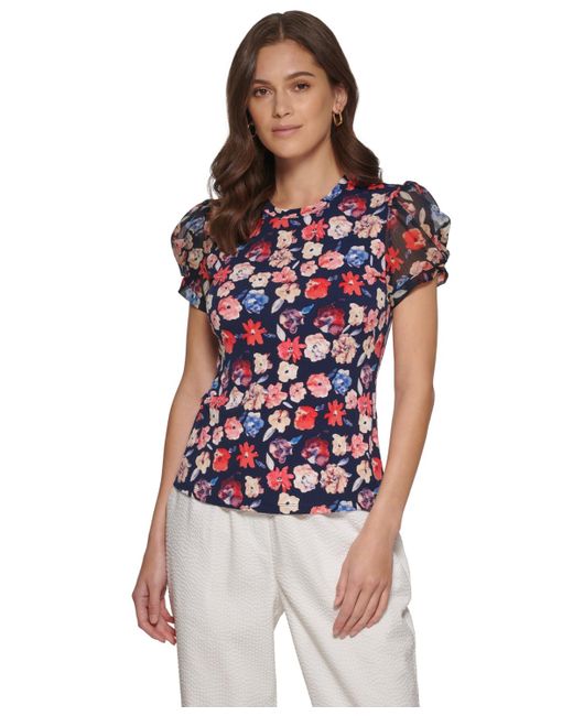 DKNY Red Petite Floral-print Puff-sleeve Blouse