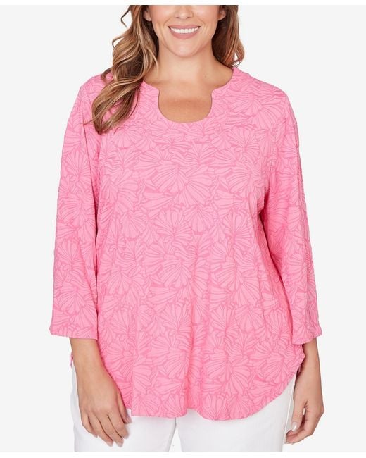 Ruby Rd. Plus Size Horseshoe Neck Solid Floral Jacquard Top in Pink | Lyst