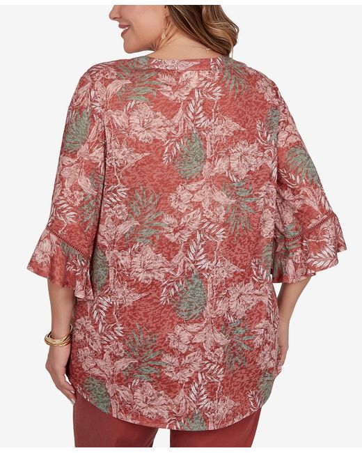 Ruby Rd Red Plus Size Tropical Floral Burnout Split Neck Top