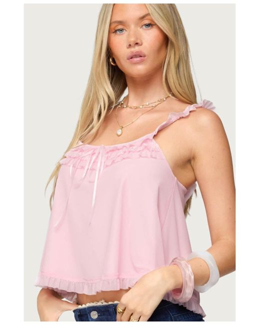 Edikted Pink Ruffle Mesh Babydoll Tank Top