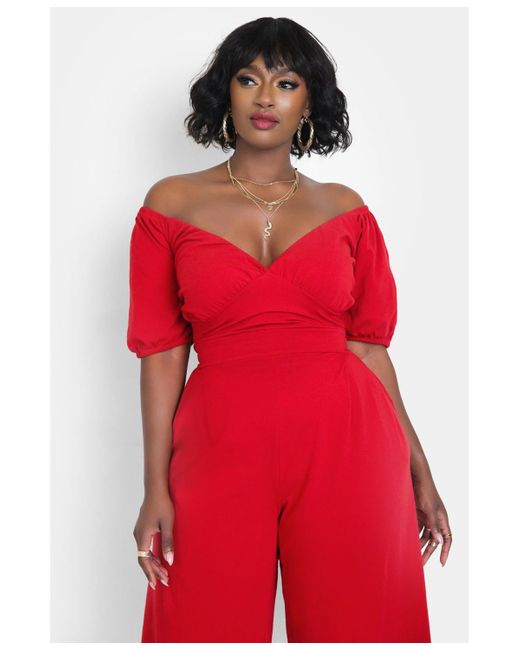 Rebdolls Red Plus Size Peasant Top Wide Leg Jumpsuits W. Pockets