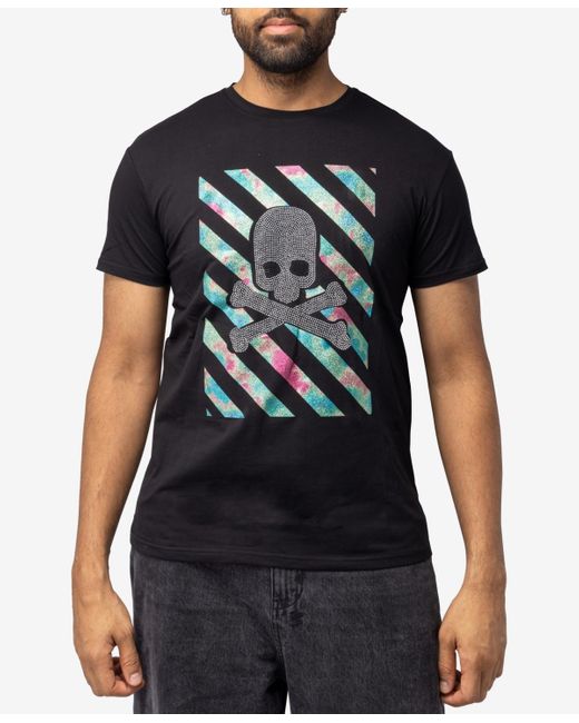 Xray Jeans Black X-ray Stone Tee Silver Skull With Multi Stripes for men