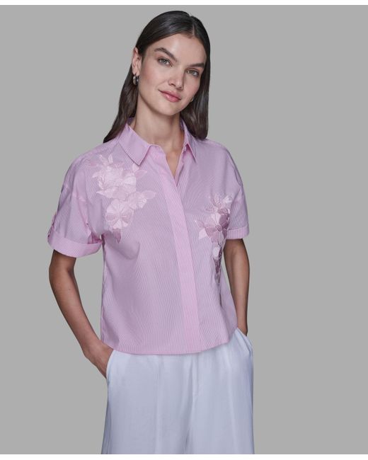 Karl Lagerfeld Purple Striped Floral Detail Top