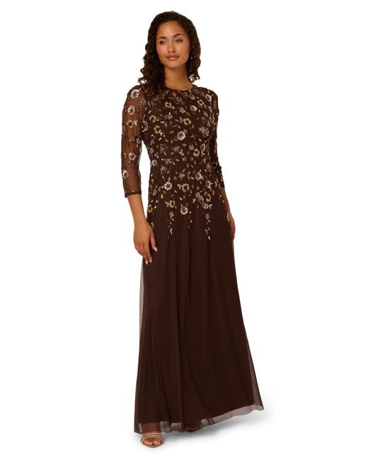 Adrianna Papell Women's Brown Bead Mesh Long Dress Adrianna Papell Women's Brown Bead Mesh Long Dress