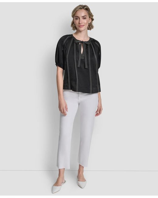 DKNY Black Puff-sleeve Top Stitch Tie Front Blouse