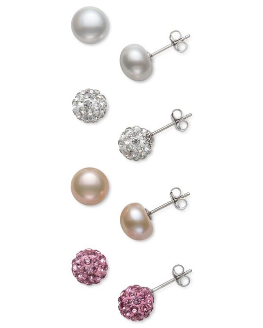 Macy's Multicolor 4-pc. Set Cultured Freshwater Pearl (8mm) & Crystal Stud Earrings In Sterling Silver