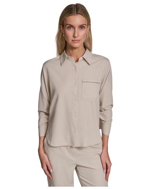 Calvin Klein Gray Petite Collared Button-down Blouse Top