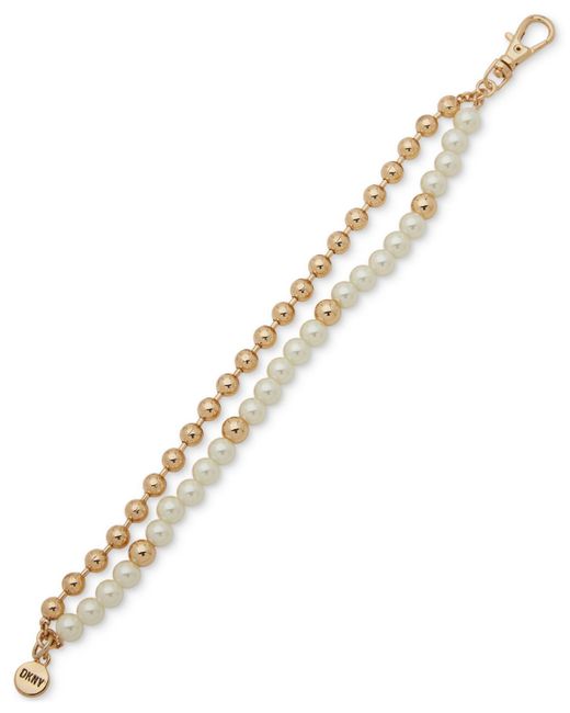 DKNY Metallic Gold-tone Bead & Imitation Pearl Double-row Flex Bracelet