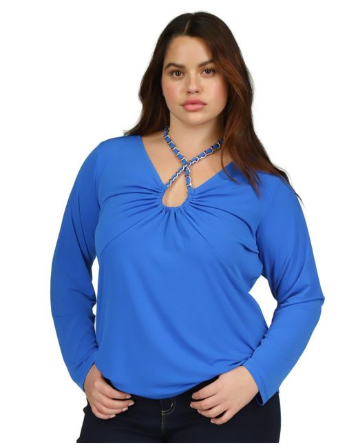 Michael Kors Blue Michael Plus Size Chain-neck Long-sleeve Top