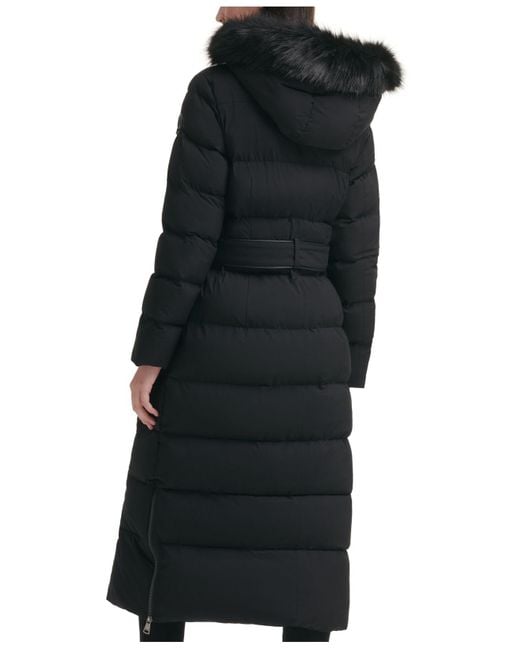 DKNY Stretch Faux-fur-trim Hooded Maxi Puffer Coat in Black | Lyst