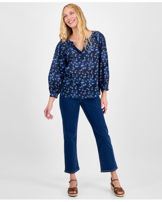 Style & Co. Blue Printed 3/4 Sleeve Split-neck Blouse