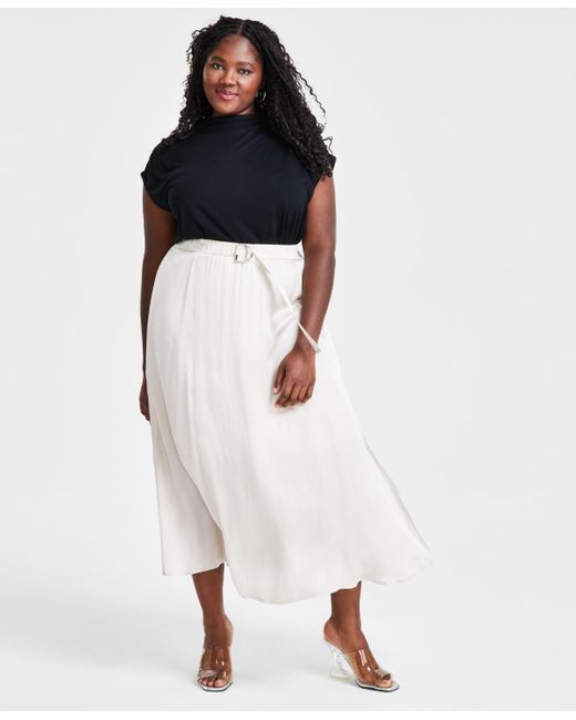 BarIII White Trendy Plus Size Silky Belted Maxi Skirt