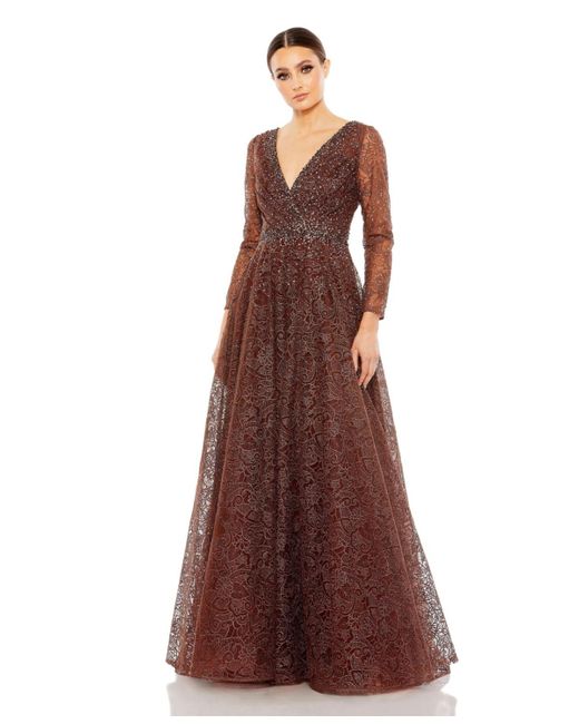 Mac Duggal Brown Embellished Illusion Long Sleeve V Neck Gown