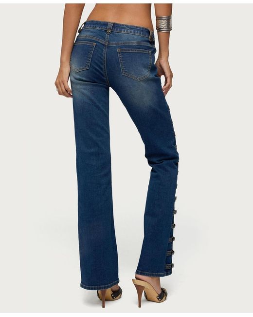 Edikted Blue Button Loop Low Rise Bootcut Jeans