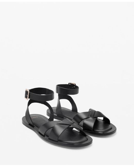 Mango Black Buckle Strap Leather Sandals