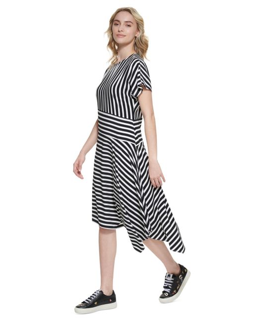 Karl Lagerfeld White Striped Asymmetrical-hem Dress