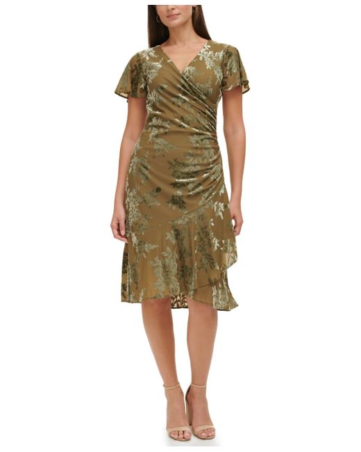 Kensie Green Velvet Burnout Short-sleeve V-neck Dress