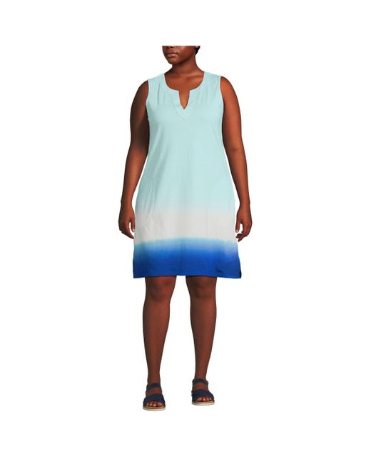 Lands' End Blue Plus Size Cotton Jersey Sleeveless Swim Cover-up Dress Print