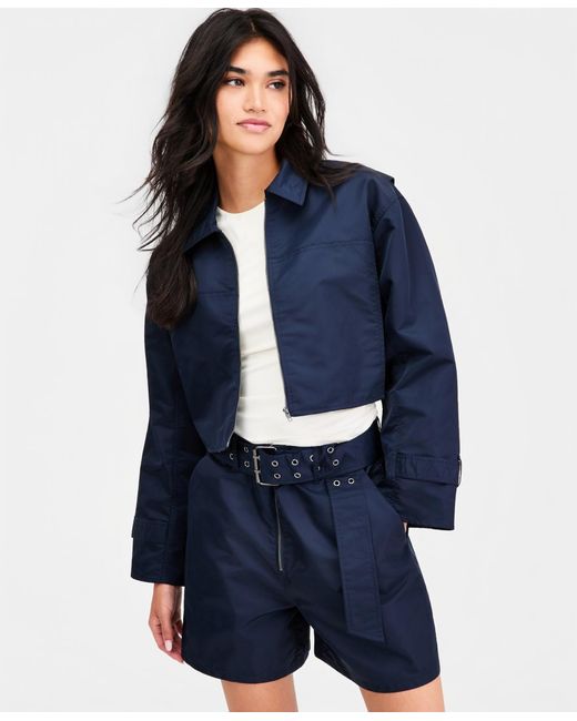 BarIII Blue Cropped Belted-cuff Jacket