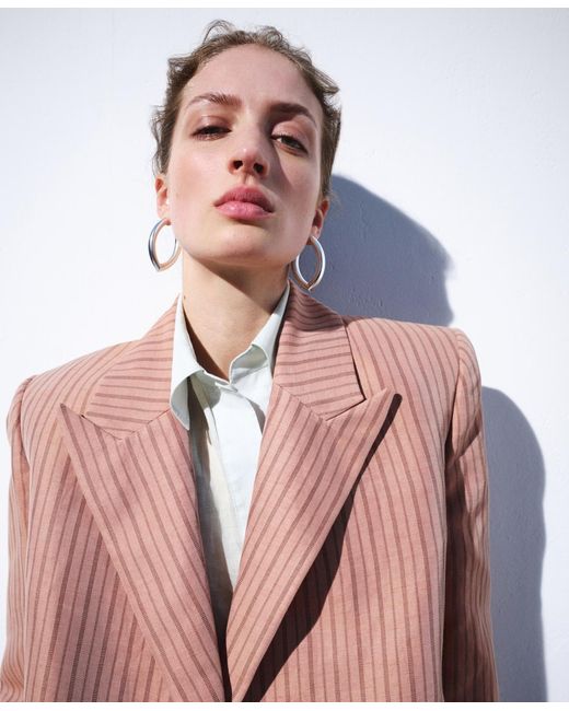 Mango Pink Selection Cropped Striped Linen Blazer