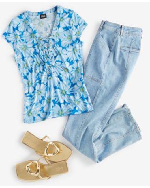 INC International Concepts Blue Printed Lace Up Front Top High Rise Seamed Straight Leg Jeans Created For Macys