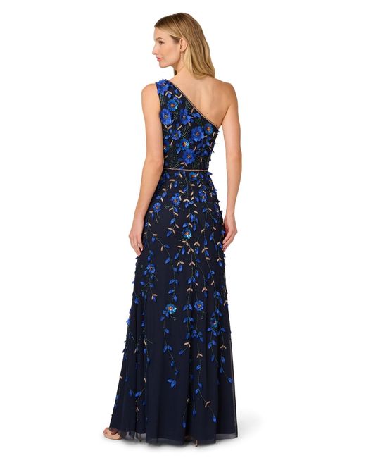 Adrianna Papell Blue Beaded One-shoulder Long Dress