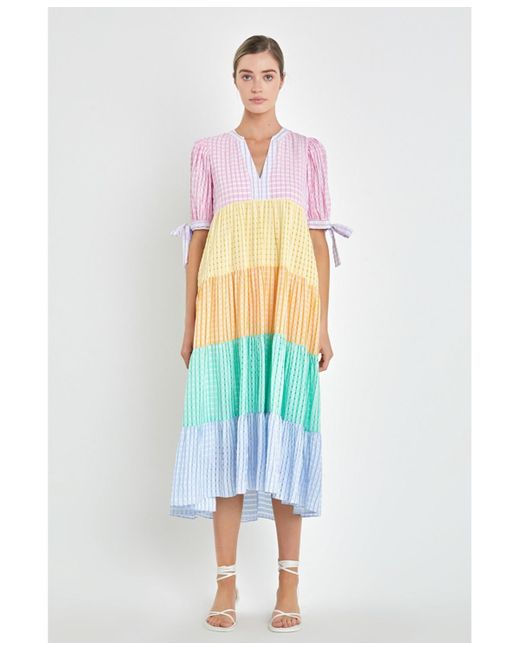 English Factory Blue Color Block Bow Tie Sleeve Maxi Dress