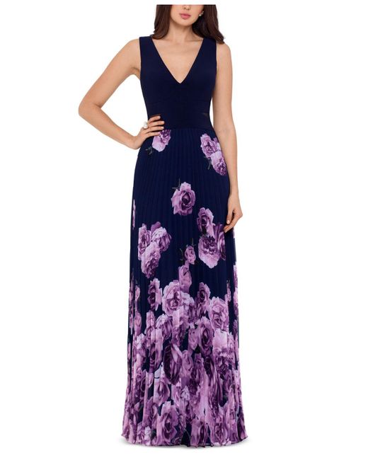 Xscape Purple Petite Illusion-waist Floral-print Pleated Gown