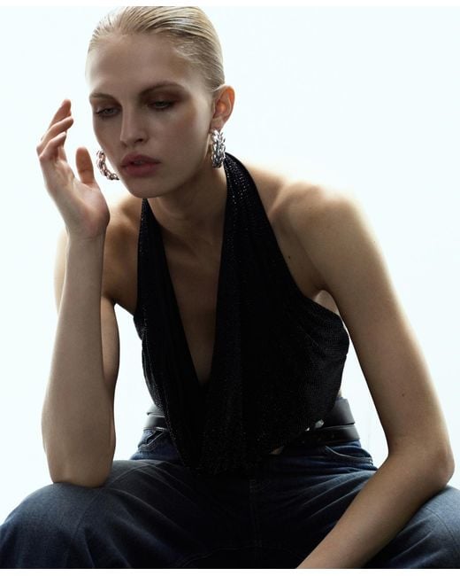 Mango Black Draped Crystal Neckline Top