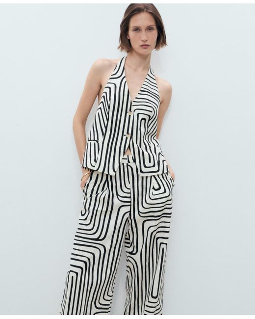 Mango White Geometric-print Linen Pants