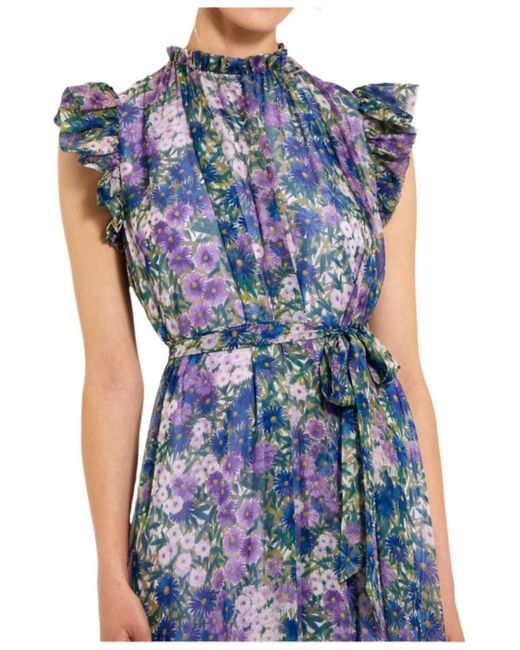 Mac Duggal Blue Printed Chiffon Ruffle Sleeve Gown With Bow Belt