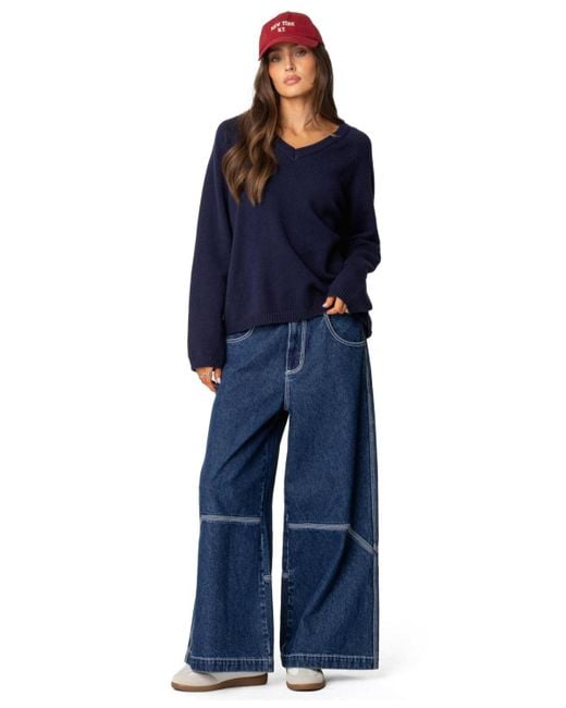 Edikted Blue Martha Oversized V Neck Sweater