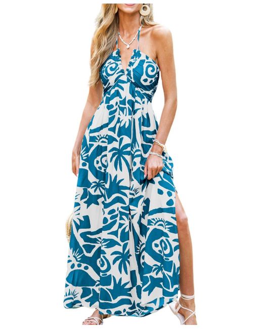 CUPSHE Blue Tropical Print Halter Maxi Beach Dress